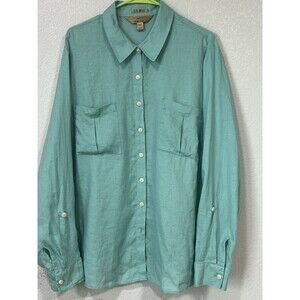 Investments Women's Shirt Size 22 W Green Linen Blen Blouse Tab Sleeves